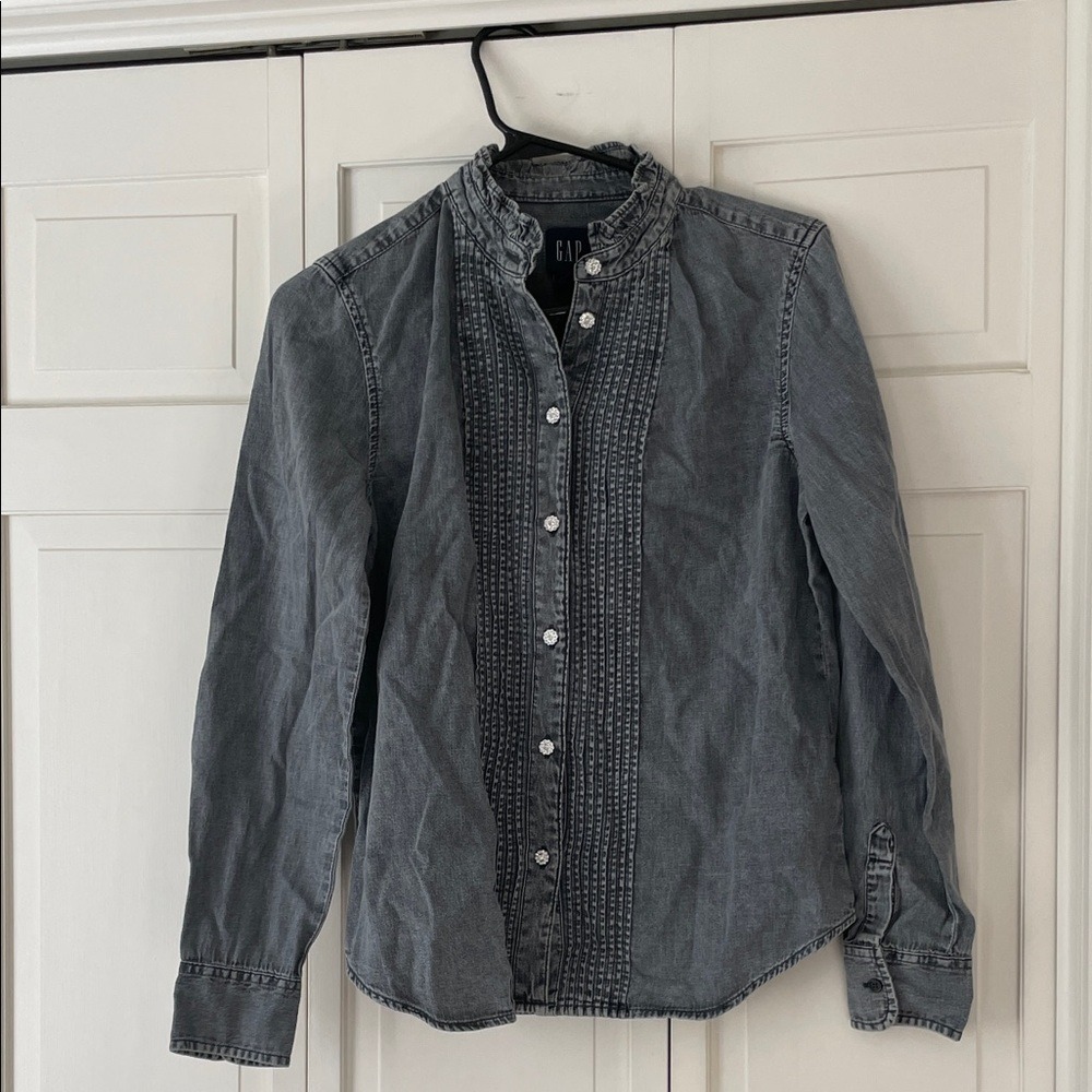 Gap Shirt Denim Ruffle Collar Rhinestone Button Small Gray Blouse